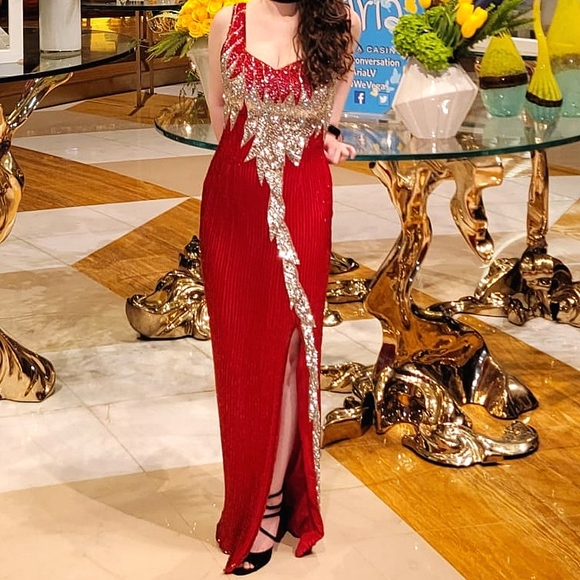 Vintage Dresses & Skirts - 100% Hand Beaded Red Gown With Slit